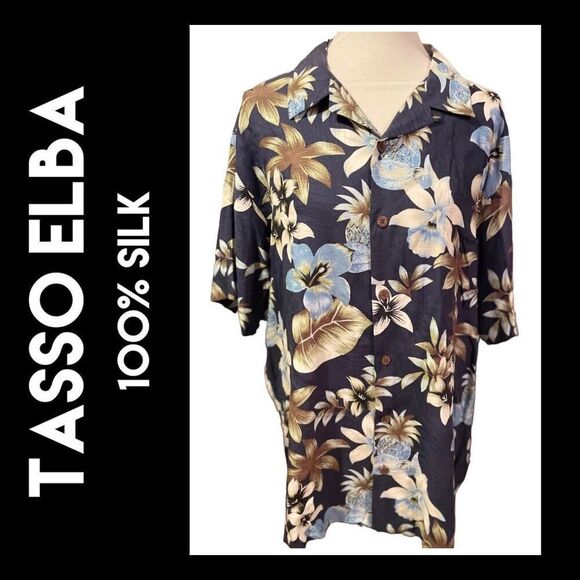 Tasso Elba Men's Button Down Shirt Collared Floral 100% Silk Navy Blue XL - Picture 1 of 11